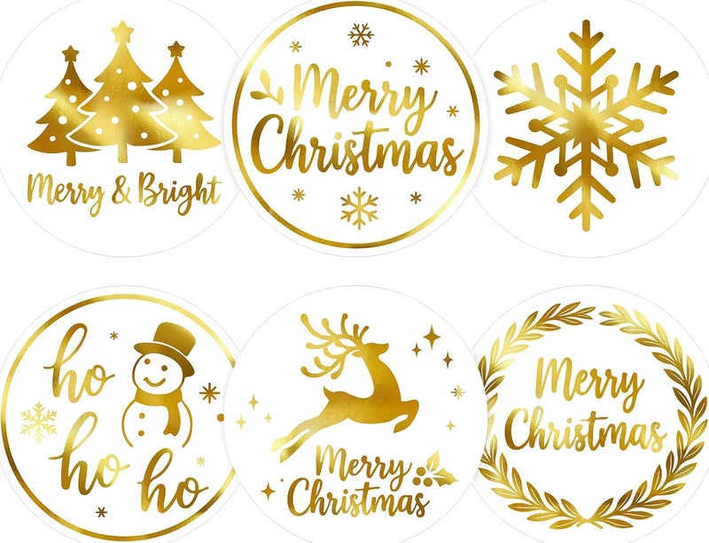 Alynta Merry Christmas Stickers - 2 Inch 120Pcs Gold Foil Holiday Stickers Merry and Bright Sticker Large Round Christmas Tree Snowflake Snowman Labels for Envelope Seals Cards Ornaments (White) - Image 1